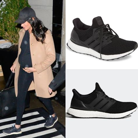 Adidas Black 'UltraBoost' Running Shoes-Meghan Markle - Dress Like A Duchess Black Adidas Shoes Outfits, Black Running Shoes Outfit, Black Adidas Running Shoes, Adidas Ultraboost Outfit, Ultraboost Outfit Women, Ultraboost Outfit, Rubber Shoes Outfit, Meghan Markle Dress, Adidas Outfit Women