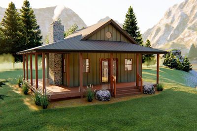 62697dj render 1547573589 Large Covered Porch, Cabin Plan, Small Cabin Plans, Small Log Cabin, Charming Cottage, Cabin Floor Plans, Small House Floor Plans, Cabin House Plans, Tiny House Floor Plans