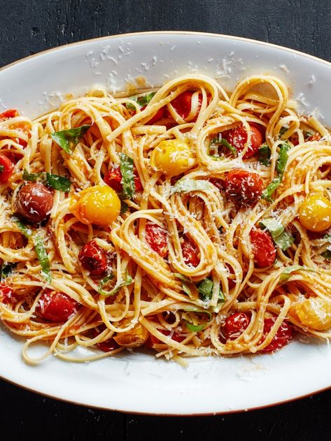 15-Minute Cherry Tomato Pasta Recipe | Epicurious Tomato Burst Pasta, Burst Tomatoes Pasta, Cherry Tomato Olive Oil Pasta, Burst Tomato Pasta, Burst Cherry Tomato Sauce, Burst Tomato, Burst Tomatoes, Tomato Pasta Recipe, Cherry Tomato Recipes