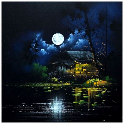 Beautiful Night Scenery, Night Scenery Drawing, Scenery Drawing With Oil Pastels, House Near Lake, Drawing With Oil Pastels, Oil Pastel Landscape, Scenery Drawing, Forest Night, Pastel Landscape