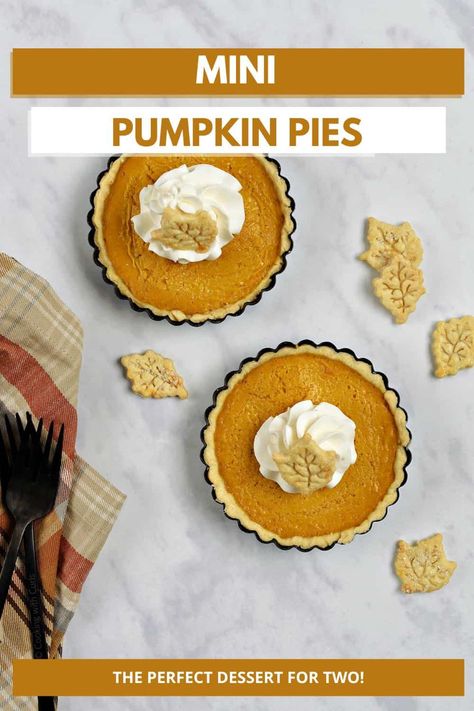 If you’re looking to add a little sweetness to your fall gatherings, mini pumpkin pies are the ultimate homemade treat! These little treats are perfect for two, making them ideal for cozy evenings or intimate holiday dinners. Start with a flaky homemade pie crust that’s just the right size for these small-scale pies, then add the pumpkin filling mixed with a warm blend of spiced pumpkin puree, sugar, and cream.  Top with whipped cream, grab your fork, and enjoy a slice of fall bliss! Individual Pumpkin Pies, Mini Pumpkin Pie Recipe, Individual Pumpkin Pie, Pumpkin Chiffon Pie, Mini Pumpkin Pie, Sweet Potatoes With Marshmallows, Pumpkin Filling, Mini Tart Pans, Mini Pumpkin Pies