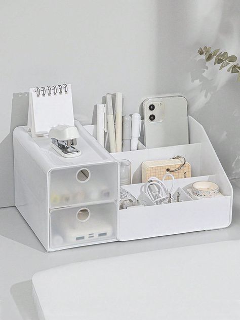 Cute Desk Organization, Desk Organisation, Desktop Bookshelf, Room Organization Bedroom, Study Desk Decor, Desktop Drawers, White Desk, Desk Makeover, Desk Organization Office