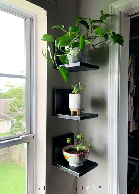 How to hang plant shelves on wall Wall Hanging Plants, Corner Plant Shelf, Wall Mounted Plant Holder, Bathroom Wall Decor Ideas, Plant Holders Indoor, Indoor Plants Decor, Wall Decor For Bathroom, Kids Bedroom Wall Decor, Wall Plant Holder