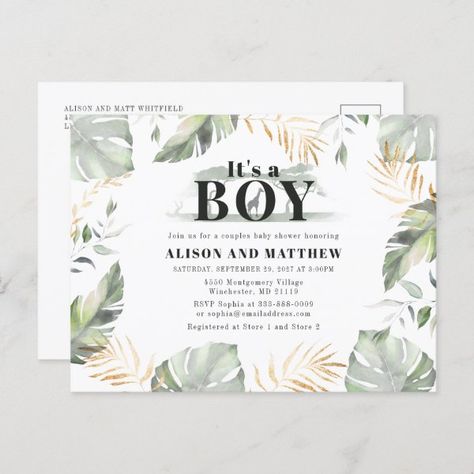 Cute Jungle Safari Baby Shower Boys Giraffe Invitation Postcard Baby Shower Boys, Safari Baby Boy, Shower Boys, Safari Baby Shower Boy, Giraffe Baby Shower Invitations, Jungle Safari Baby, Jungle Safari Baby Shower, Couples Baby Shower Invitations, Rustic Baby Shower Invitations