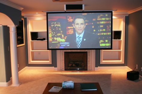 Projector Screen Over Fireplace, Projector Above Fireplace, Projector Fireplace, Projector Over Fireplace, Projector Setup, Fireplace Area, Tv Over Fireplace, Basement Finishing, Build House