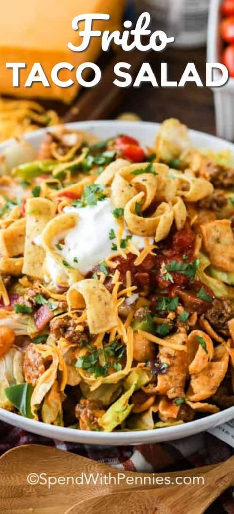 This Frito taco salad is a fun twist on a classic taco salad. Just brown your meat mixture, top your lettuce with you favorite toppings, like salsa or guacamole, and dive in!  #spendwithpennies #fritotacosalad #tacotuesday #maindish #salad Frito Taco Salad, Taco Salad Recipe Healthy, Healthy Tacos Salad, Taco Salads, Cocktail Syrups, Taco Salad Recipes, Craft Cocktail, Taco Salad, Salad Bar