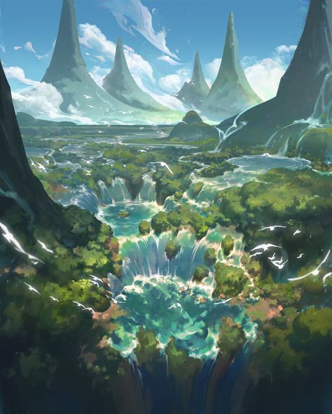 Fantasy Concept Art Environment, Magical Settings, Fantasy Islands, Cloud Runner, Dnd Locations, Concept Reference, Forest Village, Story Images, Sci Fi Landscape