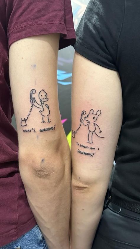 #linework #pun #tattoo #tattooideas #brotherandsister #mouse #duck #telephone #funny #stupid Matching Tattoos Mother Daughter Funny, Funny Tattoo Drawings, Mother Daughter Tattoos Funny, Funny Father Daughter Tattoos, Cute And Funny Tattoos, Funny Fine Line Tattoos, Cartoon Duck Tattoo, Pun Tattoos Funny, Funny Duck Tattoo