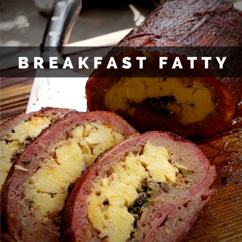 Smoked Breakfast Fatty - Armadillo Pepper Breakfast Fatty, Pit Boss Pellet Grill, Pork Belly Tacos, Bbq Pork Recipes, Big Green Egg Recipes, Green Egg Recipes, Ranch Pork Chops, Ny Strip Steak, Buttered Corn