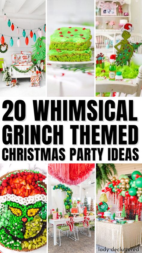 20 Whimsical Grinch Themed Christmas Party Ideas Adult Grinch Christmas Party, Work Christmas Party Themes Ideas, Grinch Tea Party, Whoville Food Ideas, Christmas Party Grinch Theme, Whoville Breakfast, Grinch Party Ideas Decorations, Cindy Lou Who Party, Grinch Themed Games