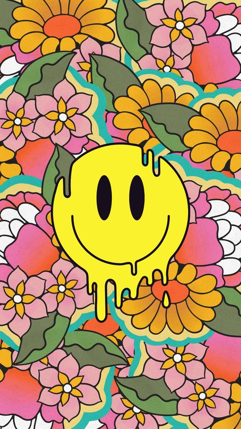 Tripy Wallpapers Cartoon, Smiley World Wallpaper, Trippy Smiley Face Wallpaper, Vibey Backgrounds Trippy, Prom Insta Captions, Trippy Flower Art, Wall Collage Retro, Trippy Wallpaper Iphone, Flower Power Aesthetic