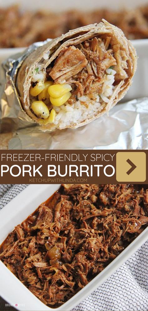 Freezer-friendly shredded Spicy Pork Burrito slow-cooked all day leaving it tender, juicy, and full of flavor! This comfort food recipe is so easy to make, especially when the busy season started. Perfect to serve over rice too! Make this recipe for fall! Cold Burritos For Lunch, Pork Burritos Mexican, Freezing Pulled Pork, Pulled Pork Burritos, Shredded Pork Recipes, Pork Burritos, Loin Recipes, Frozen Burritos, Pork Bites