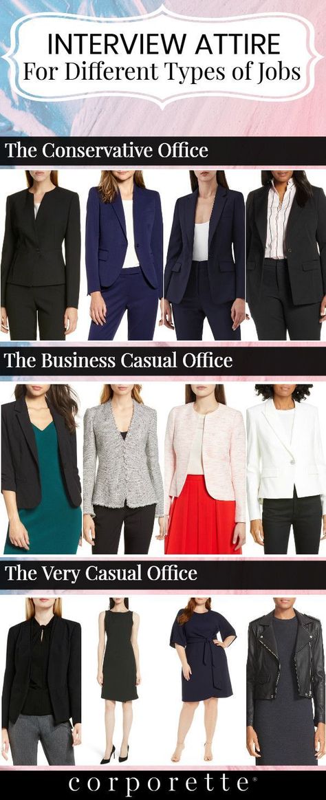 Wondering what the best interview attire is? It depends on the job you're interviewing for -- and the type of office it is. If you're a creative personality in a creative role, go with what you want -- but for everyone else looking for guidance on what to wear for an interview for a conservative office, interview attire for a business casual office, or even how to interview at a Very Casual office, these are some of our best tips on interview attire for different types of jobs. (Pro tip, though, Engineer Office Outfit, Career Guidance Outfit Ideas, What To Wear For An Interview For Women Office Style, Law Office Attire, Dress For Success Women Business, Outfits For Interviews Professional, Outfits For An Interview Woman, Business Professional Interview Outfit, Presentation Outfit Business