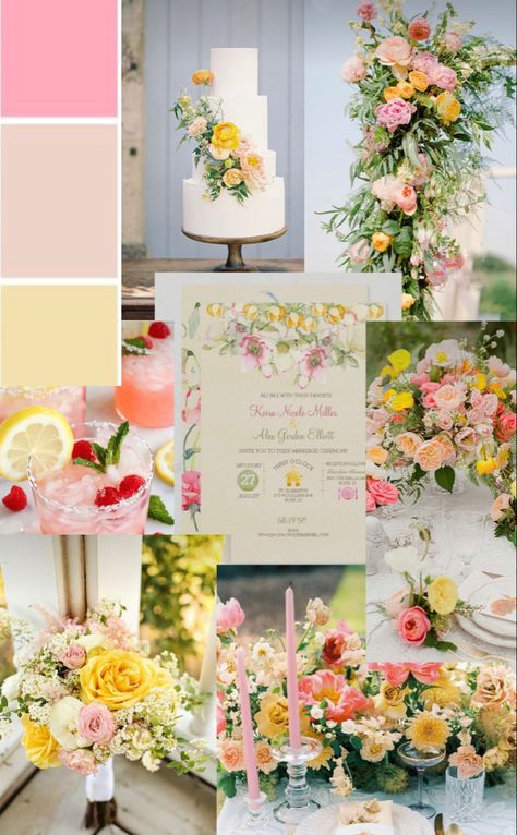 Pink and yellow wedding color inspiration Flower bouquet, cake  and wedding decorations  #weddingideas #weddinginspiration #weddinginvitations #weddingdecor #weddingflowers #weddingcake #weddingdesign #flowers #bouquet #lemonade #drinks #summer #spring #centerpieces #weddingreception #reception Pink And Pale Yellow Wedding, Pink And Yellow Fall Wedding, Sage Pink Yellow Wedding, Summer Wedding Colors Yellow, Pink And Lemon Wedding, Peach Pink Yellow Wedding, Yellow Pink And White Flowers, Pink Yellow Green Wedding Theme, White Yellow Pink Wedding Decor