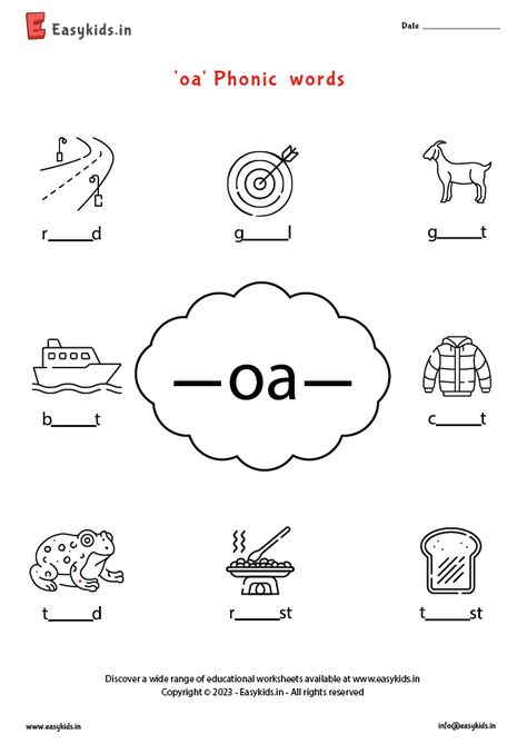 Oa Words Worksheet, Oa Phonics, Oa Words, Vowel Teams Worksheets, Teaching Vowels, Digraphs Worksheets, Words Worksheet, Cvc Worksheets, Cvc Words Worksheets