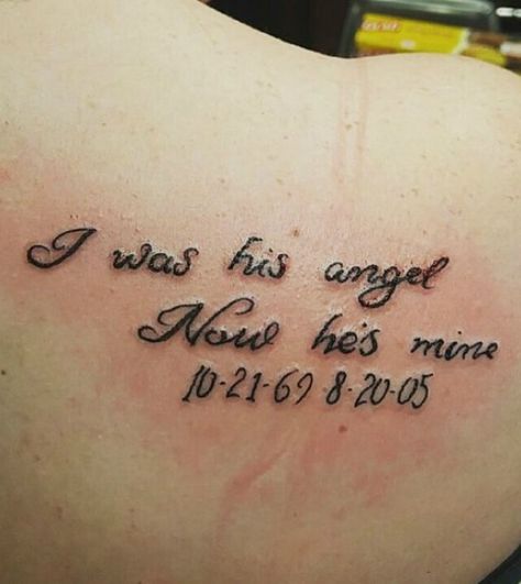 i was his angel now he's mine Tattoo Planets, Mine Tattoo, Grandpa Tattoo, Tattoos For Dad Memorial, Rip Tattoo, Tatuagem Masculina Pequena, Cool Shoulder Tattoos, Father Tattoos