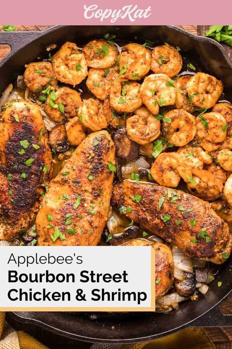 Bourbon Chicken And Shrimp Recipe, Bourbon Street Chicken And Shrimp Recipe, Bourbon Street Chicken, Applebees Recipes, Street Chicken, Mushrooms And Onions, Blackened Shrimp, Bourbon Chicken, Chicken Shrimp