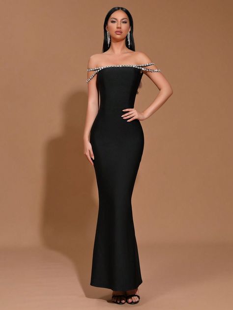 New Heavy-Duty Shoulder Strap Rhinestone Embellished Long Tight-Fitting Bandage Dress, With Shoulder Revealing Design For Wedding/Party Formal Dinner Women's Evening Gown Black Glamorous,Party  Sleeveless Knitted Fabric Colorblock,Plain Bodycon High Stretch  Weddings & Events, size features are:Bust: ,Length: ,Sleeve Length: Prom Dresses Black Sparkle, Prom Dress Flat Chest, Shein Evening Dress, Long Bodycon Dress Formal, Black Tie Attire For Women Dresses, Shein Dress Formal, Long Dinner Dresses, Pink Classy Dress, Black Dress Mermaid