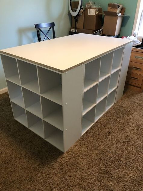 Craft Desk With Cube Storage, Hexagon Shelves Craft Room, Craft Desk Island, Ikea Havsta Craft Room, Cube Desk Diy, Cheap Craft Storage Ideas, Diy Desk With Cube Storage, Craft Tables With Storage Diy, Craft Room Tables Work Stations Diy