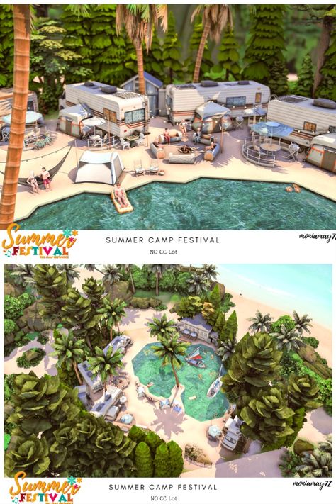 The Sims 4 Sulani Summer Festival Camp, coastal and cozy design. No CC Lot. #ShowUsYourBuilds #thesims4 #Sims4 #sims4game #ts4house #ts4build #ts4builds #ts4nocc #ts4mm #simsbuilds #ts4 #sims4housebuild #sims4house #sims4home #sims5 @thesimsresource #sims4build #simshousedesign #thesims4housebuild . Lot size: 50/50. No Custom Content was used NoCC . Download here: https://www.thesimsresource.com/downloads/1710194 Sims 4 Cc Home Stuff, Ts4 Lots Cc, Summer Camp Sims 4, Sims 4 Theme Park, Sims 4 Lot No Cc, Sims 4 Commune Lot, Sims 4 Dispensary, Sulani Builds Sims 4, Sims 4 Camping Cc