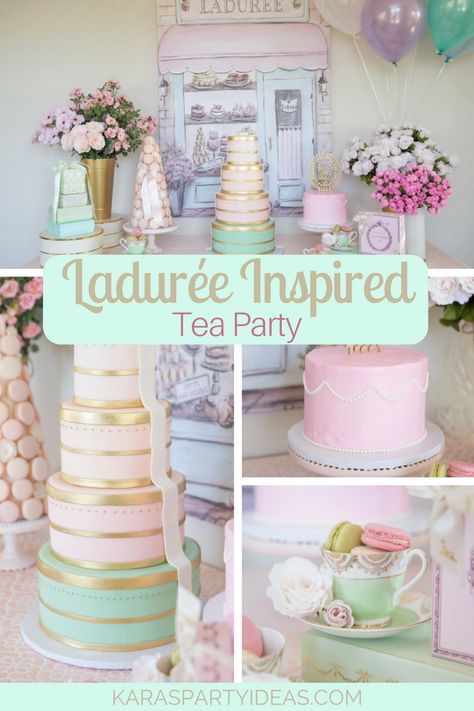 Laduree Paris Party, Laduree Tea Party, Tea Party Pool Party, Tea Party Color Scheme, Paris Birthday Theme Kids, Tea Party Macarons, Laduree Birthday Party, Tea Party Gender Reveal, Tea Party Cake Ideas