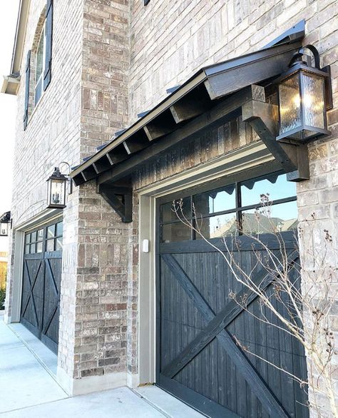 Like the look of these garage doors and the awning above. Garage Door Pergola, Our Faux Farmhouse, Garage Door Update, Garage Door Decorations, Faux Farmhouse, Ideas For Garage, Door Pergola, House Awnings, Garage Pergola