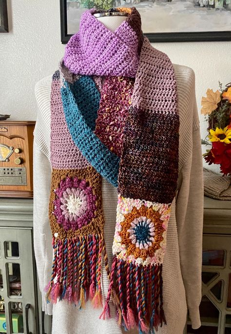 Patchwork Scarf Knit, Crocheting Accessories, Crochet Granny Square Scarf, Crochet Sunburst, Crochet Wear, Granny Square Scarf, Patchwork Scarf, Crochet Shawls, Crochet Quilt