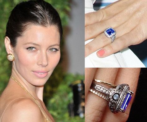 11 Celebrity Engagement Rings Reinvented With Sapphires Jessica Beal, Engagement Rings Celebrities, Famous Engagement Rings, Celebrity Wedding Rings, Rings With Diamonds, Rings Blue, Blue Engagement Ring, Engagement Celebration, Celebrity Engagement Rings