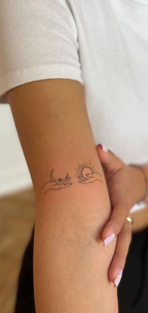 Tattoos For Imperfection, Sun Arm Tattoos For Women, Back Arm Tattoo Women Minimalist, Sun And Moon Arm Tattoos For Women, Be Open To Whatever Comes Next, Dainty Moon Tattoos, Minimalist Tattoo Meaningful, Dainty Thigh Tattoo, You Sunshine You Temptress Tattoo