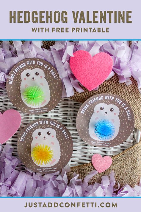 Being friends with you is a ball!! This Hedgehog Kids Valentine is so sweet! To make it even sweeter — it's a FREE printable and very easy to assemble! Just download the free printable and add any small toy ball you would like! Mini Koosh balls and small bouncy balls work really well! #kidsvalentine #classroomvalentine #classvalentine #JustAddConfetti #hedgehog #freeprintable #hedgehogvalentine #valentine Valentines For School, Holiday Finds, Class Valentines, Valentine's Day Printables, Senior Activities, Bouncy Balls, Valentines Ideas, Valentines School, Classroom Valentine