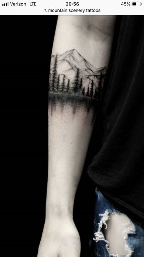 Tattoo Landscape, Moutain Tattoos, Natur Tattoo Arm, Lake Tattoo, Forest Tattoo, Tatuagem Masculina Pequena, Nature Tattoo Sleeve, Tree Tattoos, Forearm Band Tattoos