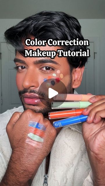 Aditya Madiraju on Instagram: "Mini Color Correction Makeup Tutorial 👍🏽 @elfcosmetics Camo Color Correctors!  - Blue corrects the yellow tone 💙 - Red neutralizes dark spots/dark circles ♥️ - Green corrects redness 💚 - Peach brightens 🍑  #makeup #makeuptutorial #makeuptips #colorcorrection #colorcorrecting #easymakeup #makeuphacks" Blue Color Corrector Makeup, Make Up Color Correction, Demi Color Correcting, How To Use Colour Corrector, Color Correction Makeup Guide, How To Color Correct Makeup, How To Use Color Corrector, Color Corrector Guide, Pink Color Corrector