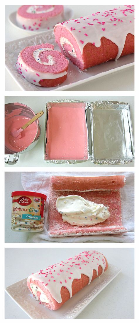 Pink Velvet Roll Cake with Rainbow Chip Frosting. Give your honey something extra sweet this Valentine's Day, specifically this adorable roll cake that's easier than you think! Valentine's Desserts, Rainbow Chip Frosting, Cake With Rainbow, Rainbow Valentines, Cake Rolls, Cake Roll Recipes, Valentine Desserts, Valentines Day Desserts, Valentines Day Food