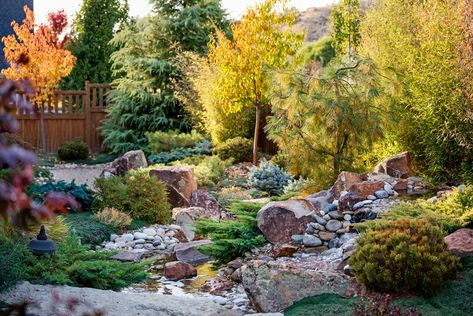 Idaho Landscape Design | The Garden Artist Boise, ID Stream Landscaping, Idaho Garden, Idaho Landscape, Backyard Zen, Dry Stream, Feng Shui Garden, Xeriscape Landscaping, Garden Cabins, Rock Garden Design