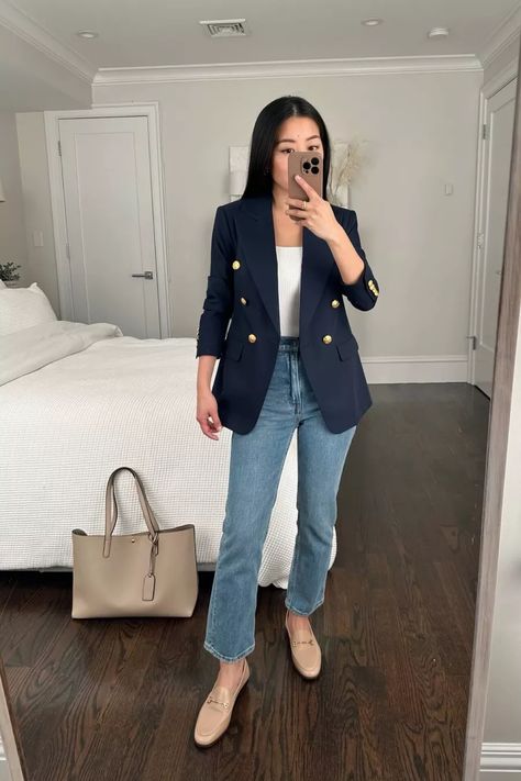 jeanwang on LTK Trendy Professional Outfits, Navy Blazer Outfit, Petite Winter Outfits, Navy Blue Blazer Outfit, Navy Blazer Outfits, Friday Outfit For Work, Best Business Casual Outfits, Business Casual Outfits Winter, Boss Aesthetic