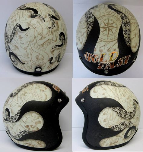 Super cool octopus inspired helmet design Motorcycle Helmet Paint Ideas, Painted Helmet Ideas, Painted Motorcycle Helmets, Helmet Design Paint, Helmet Art, Custom Bike Helmets, Custom Helmet Paint, Motorcycle Helmets Art, Bike Helmet Design