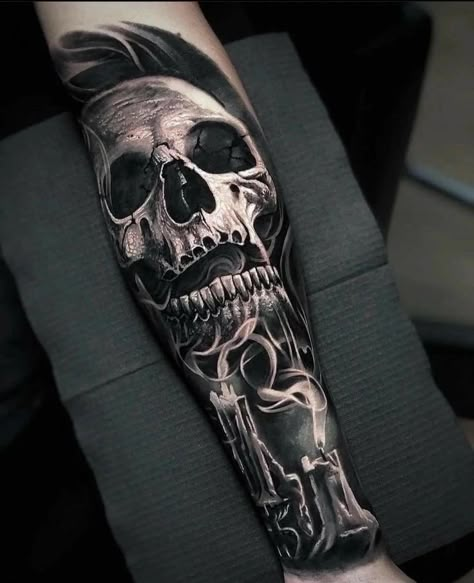 Mens Filler Tattoos, Skull Sleeve Tattoos For Guys, Forearm Cover Up Tattoos, Tatuaje Trash Polka, Cover Up Tattoos For Men, Tattoo Arm Sleeve, Sleeve Tattoos For Men, Evil Skull Tattoo, Skull Girl Tattoo