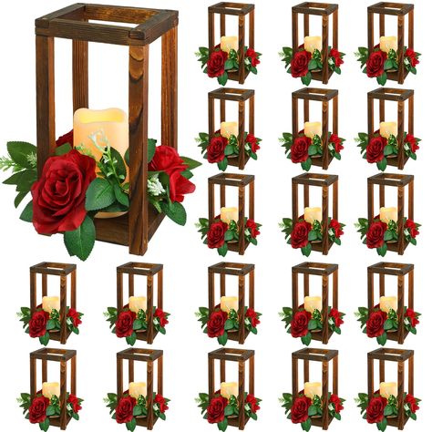 PRICES MAY VARY. Package Includes: 20 pieces vintage wooden candle holder, 20 pieces flameless LED candles (battery not included), 20 pieces claret candle wreaths; Candle lanterns measure 10.6 x 5.5 x 5.5 inches/ 27 x 14 x 14 cm (height x length x width); Flameless LED candles measure 3 x 5 inches/ 7.5 x 12.7 cm (diameter x height); LED candle is white wavy style; You can place wedding lanterns on your table, shelf, entryway, patio, backyard, fireplace mantle Farmhouse Lantern: the lantern cente Lantern Centerpieces With Flowers Candle Holders, Grapevine Wreath Candle Holder, Romantic Table Set Up For 2, Remembeance Table, Candle Holders Wedding Rustic, Lantern Table Runner, Christmas Mantle Candle Holders, Christmas Wedding Top Table Garland, Wreaths Wedding Table