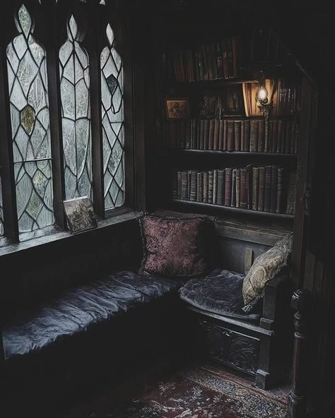 Ben Myhre (@benmyhre) • Instagram photos and videos Victorian Home Aesthetic, Goth Library, Gothic Bookshelves, Victorian Attic, Abandoned Library, Haunted Library, Gothic Library, Cottagecore House, Window Nook