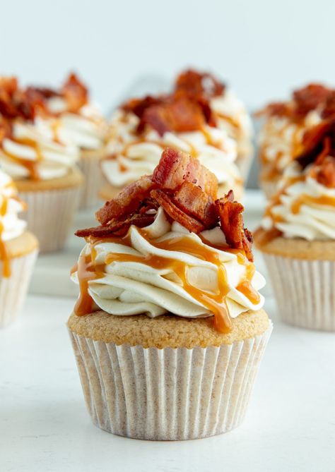 Maple Bacon Cupcakes - Cake Me Home Tonight Bacon Cupcakes Recipe, Gourmet Cupcake Recipes, Cake Me Home Tonight, Maple Bacon Cupcakes, Bacon Cake, Bacon Desserts, Bacon Cupcakes, Caramelized Bacon, Cinnamon Cake