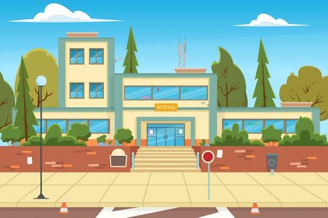 Modern school, college building on city ... | Premium Vector #Freepik #vector #tree #school #city #house City Street Background, College Building, Children's Book Layout, Picture Comprehension, Animation Schools, Background School, Cityscape Drawing, Building Background, Street Background