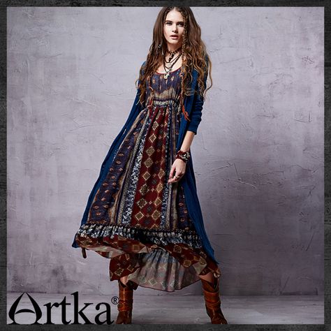 Artka Women's Bohemian Deep O Neck Drawstring Cinched Waist Frilled Swing Long Sleeve Light Chiffon Dress LA14356C PRESELL-inDresses from Women's Clothing & Accessories on Aliexpress.com | Alibaba Group Stile Boho Chic, Moda Hippie, Long Sleeve Boho Dress, Mode Hippie, Bohemian Style Clothing, Gaun Fashion, Estilo Hippie, Mode Boho, Dress Sleeve Styles