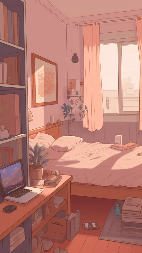 Anime Rooms Illustration, Anime Room Aesthetic Wallpaper, Lofi Illustration Room, Cozy Bedroom Drawing, Bedroom Drawing Illustrations, Lofi Bedroom Aesthetic, Kawaii Room Wallpaper, Room Illustration Bedroom, Lofi Aesthetic Wallpaper Study