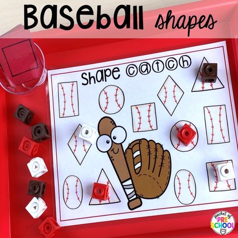 Baseball 2D shapes math game! Get tons of ideas for a sports theme in your preschool, pre-k, or kindergarten classroom. There are ideas for math, literacy, fine motor, science, art, and more! Sports Activities For Preschool, Transportation Centers, Weather Sensory, Color Activities For Toddlers, Pocket Of Preschool, Abc Patterns, Toddler Lessons, Sensory Bags, Summer Math