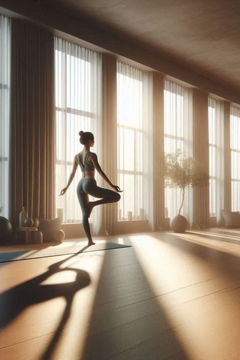 Step into serenity with this AI-generated image of a peaceful yoga studio. Soft lighting and large windows create a calming atmosphere, casting gentle shadows on a woman in a graceful yoga pose. Perfect for those seeking relaxation and mindfulness in a minimalist setting. Candlelit Yoga Aesthetic, Yoga Studio Pictures, Yoga Aesthetic Studio, Yoga Studio Photoshoot, Yoga Studio Aesthetic, Yoga Photoshoot Ideas, Pilates Yoga Studio, Wall Yoga, Yoga Photoshoot