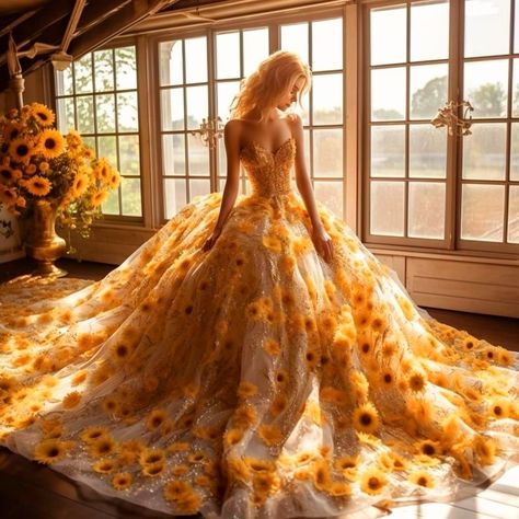 Wedding Dress With Yellow Accents, Yellow Wedding Dress The Bride Gowns, Sunflower Wedding Dress The Bride, Sunflower Wedding Dress, Sunflower Gown, Sunflower Dresses, Yellow Bride, Yellow Wedding Dress, Quinceanera Themes Dresses