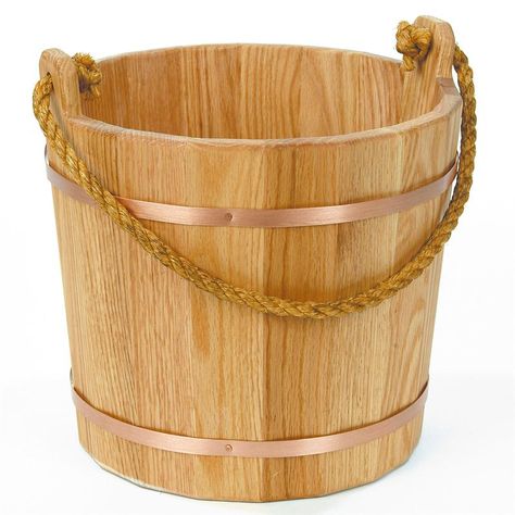 Old-Fashioned Wooden Buckets  Beautiful and functional hand-crafted oak buckets for an authentic look. USA $29.95 Amish Country Ohio, Wooden Bucket, Wood Stove Cooking, Japanese Bath, Hinoki Wood, Wood Bath, Wooden Bath, Farm Tools, Water Bucket