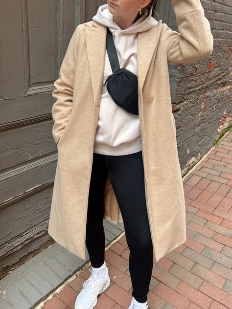 Winter Hoodies Outfits, Tan Coat Outfit Casual, White Hoodie Outfit Winter, Pea Coat With Hoodie Outfit, Coat Over Hoodie Outfit, Hoodie With Long Coat, Long Coat Hoodie Outfit, Sweatshirt And Coat Outfit, White Sneaker Winter Outfit