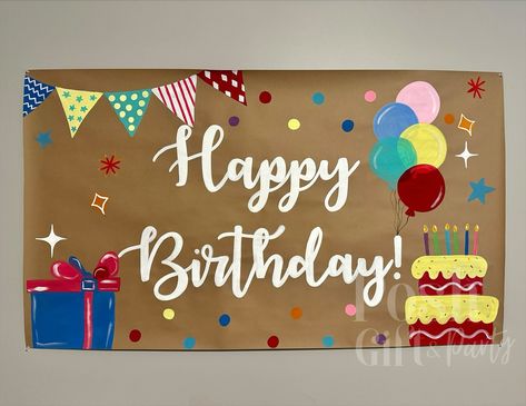 Designed for all the birthday fun, year after year! 🎉 This custom banner was made gender-neutral so it can celebrate all three of our client’s kiddos. Plus, all of our banners are shipped in durable cylinder tubes, making them easy to store and reuse for future celebrations. Quality that lasts, so you get your money’s worth! 💫 #CustomBanners #birthdaydecor #paintedbanner #partyideas #birthdaysign Hand Painted Kraft Paper Banner, Happy Birthday Painted Banner, Happy Birthday Canvas Painting, Birthday Banner Painted, Happy Birthday Board, Paper Birthday Banner, Painted Birthday Banner, Birthday Banner Ideas, Diy Birthday Sign