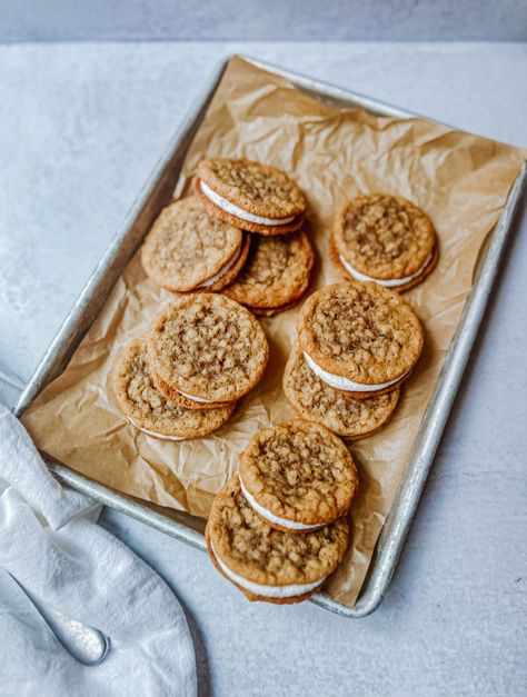 Homemade Oatmeal Cream Pie Cookies - Plum Street Collective Chocolate Oatmeal Cream Pies, Copycat Oatmeal Cream Pies, Oatmeal Crème Pie Cookies, Sourdough Discard Oatmeal Cream Pies, Oatmeal Creme Pie Recipe, Oatmeal Pie Cookies, Best Homemade Oatmeal, Homemade Oatmeal Cream Pie, Oatmeal Cream Pie Cookies